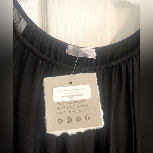 NWT Cobblestone Ruffle Sleeve Silk Black Blouse One size - Picture 3 of 5